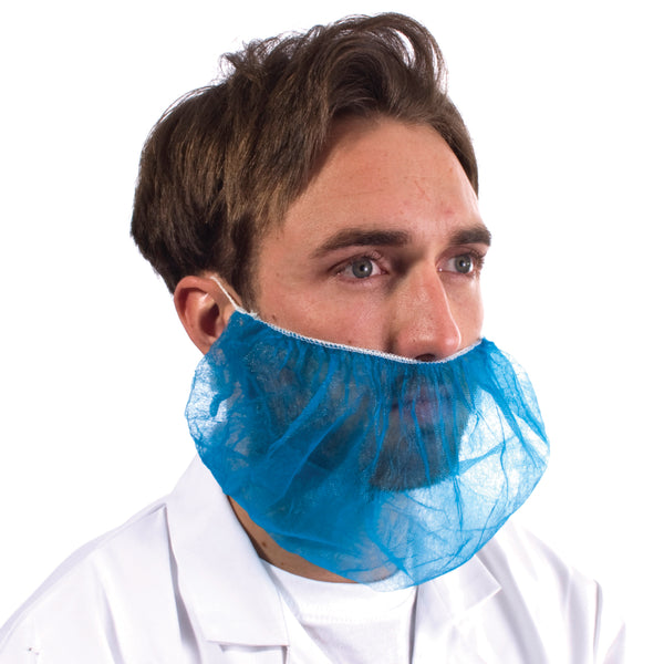 Blue non-woven beard mask, elasticated, disposable cover for facial hair hygiene in food industry.