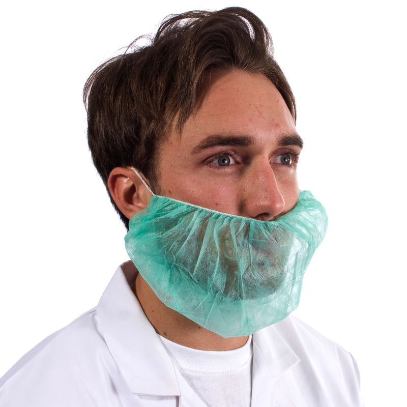 Green non-woven beard mask, elasticated and breathable, for hygienic beard coverage at work.