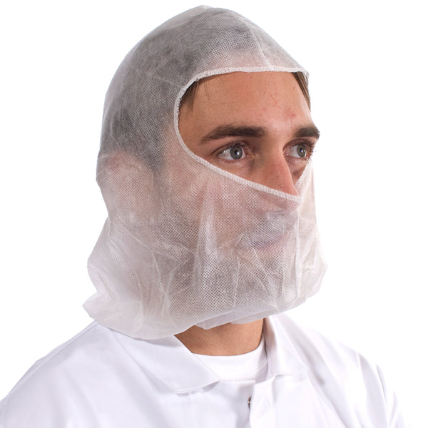 White non-woven balaclava hood, elastic neck band, suitable for cleanroom and food safety use.