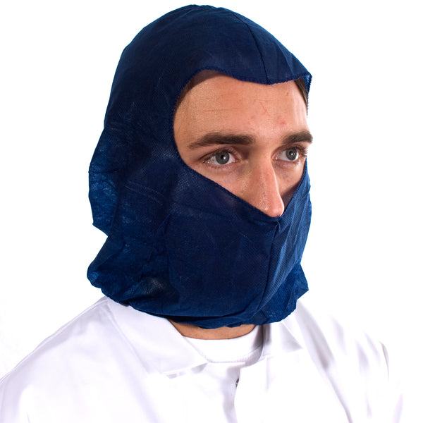 Blue non-woven balaclava hood, full head enclosure, elastic neck, for food handling and hygiene tasks.