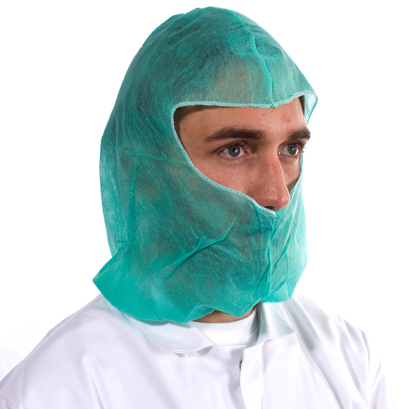 Green non-woven balaclava hood, elasticated, ideal for colour-coded hygiene in food industry.