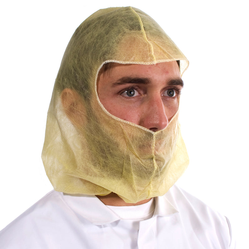 Yellow non-woven balaclava hood, full head coverage, for hygiene-critical food handling environments.