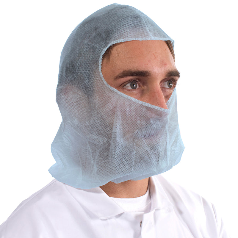 Black non-woven balaclava hood, elasticated, disposable, for secure and hygienic workplace use.