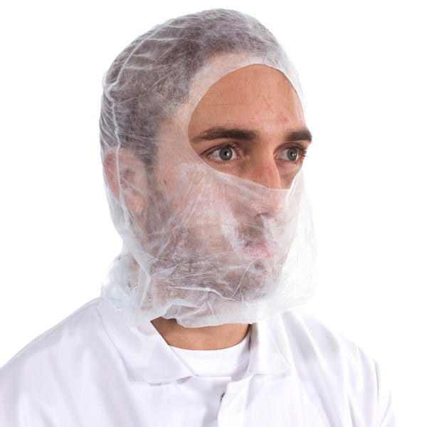 White economy balaclava hood, non-woven, elasticated for comfort in cleanroom and food industry.