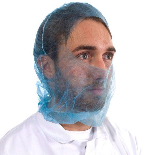 Blue economy balaclava hood, disposable, full head coverage for hygienic food handling environments.