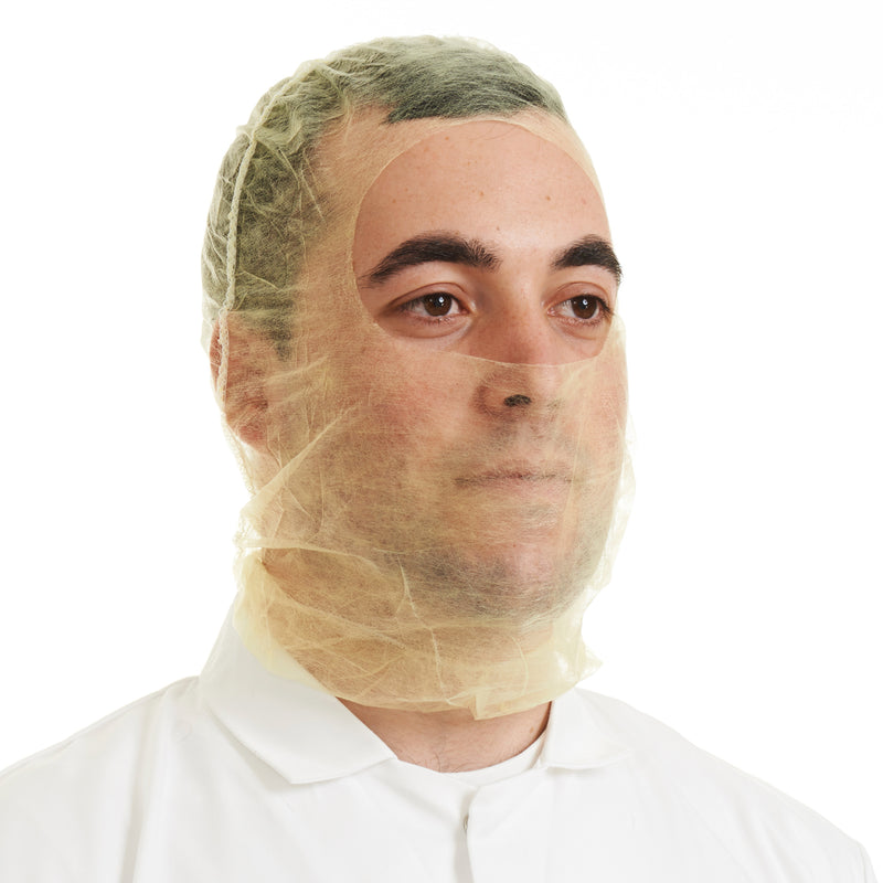 Yellow economy balaclava hood, disposable, full head enclosure for hygiene-critical workplaces.