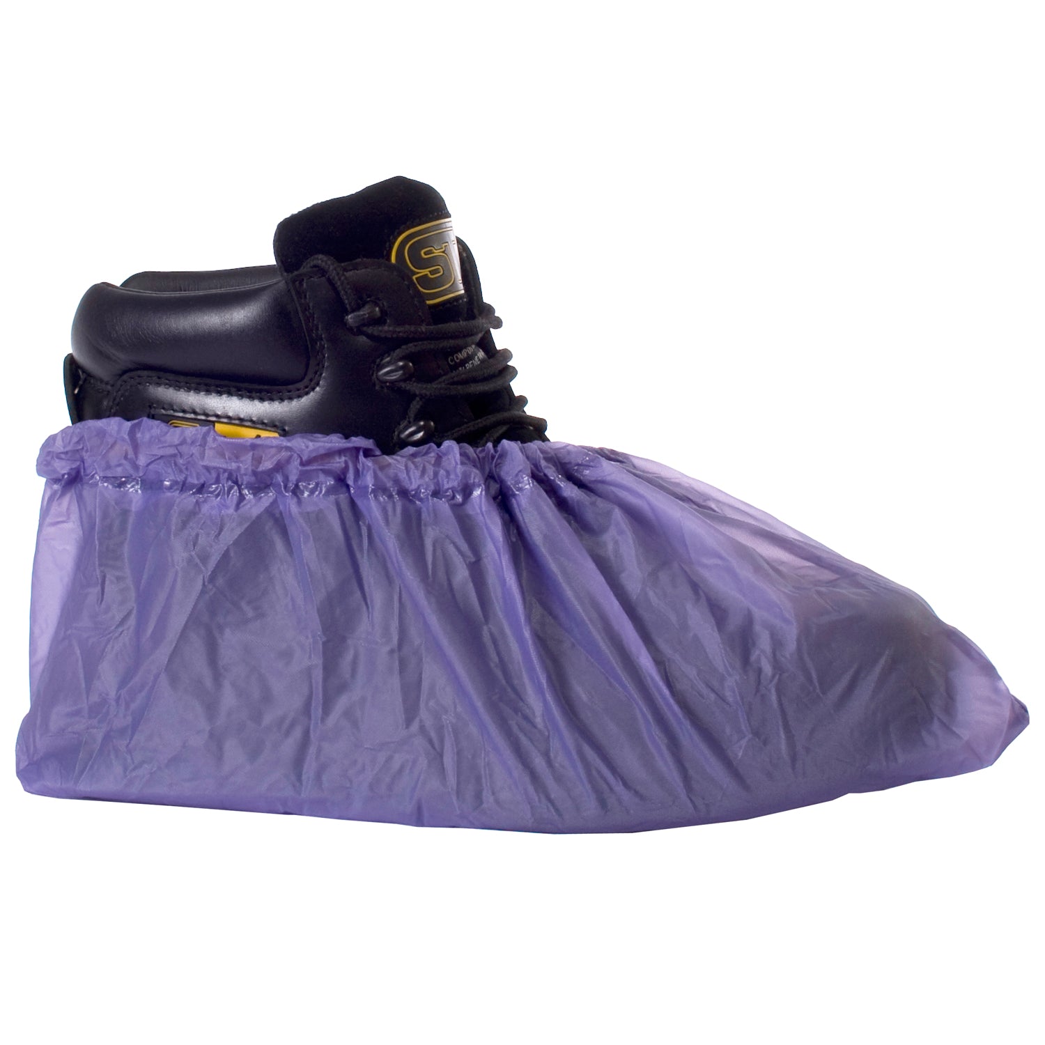 Red waterproof PVC overshoes for disposable footwear protection.