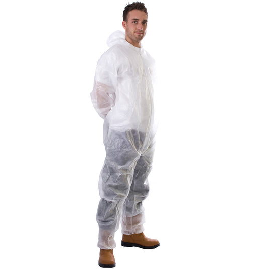 White PP non-woven disposable coverall with hood, elastic cuffs and ankles for full-body protection.