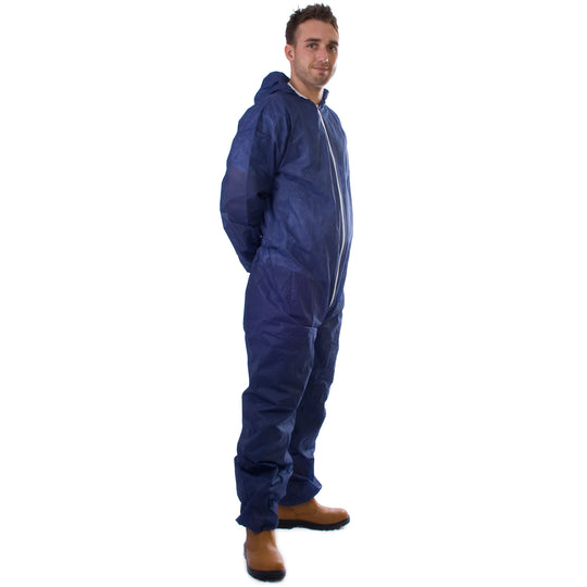 Blue PP non-woven disposable coverall, lightweight with zip front and elasticated wrists and ankles.