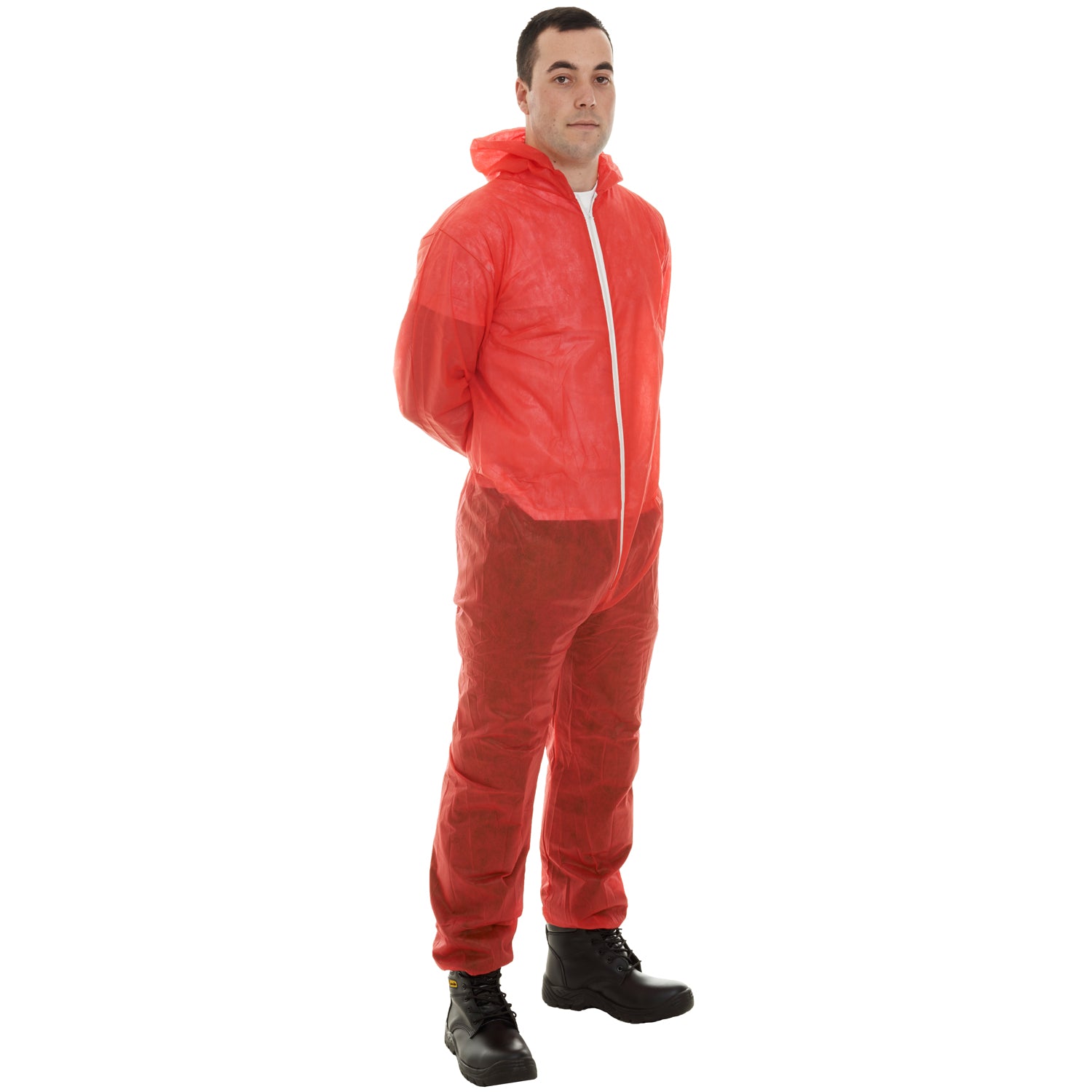 Red PP non-woven disposable coverall, single-use, hooded, for dust protection and hygiene tasks.