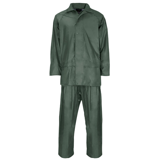 Green Polyester/PVC rainsuit, two-piece waterproof set with adjustable hood and storm flap for outdoor work.