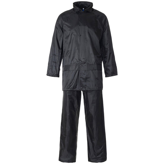Black Polyester/PVC rainsuit, full set with elasticated cuffs and ankles, ideal for all-weather outdoor tasks.