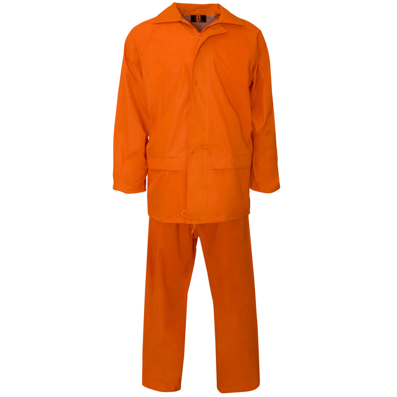 Orange Polyester/PVC rainsuit, durable waterproof jacket and trousers for visibility and weather resistance.