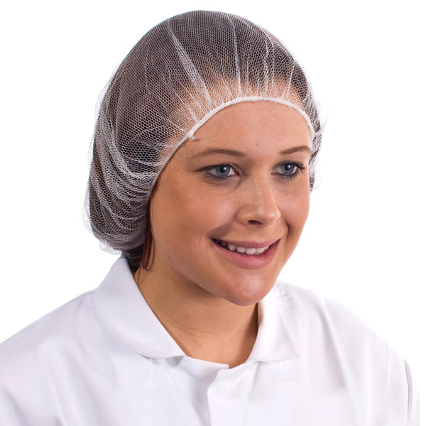 White mesh hairnet, soft and breathable, provides simple and effective hair coverage for hygiene.