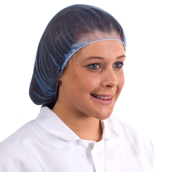 Blue mesh hairnet, lightweight and breathable, ideal for hygienic hair coverage in food processing.