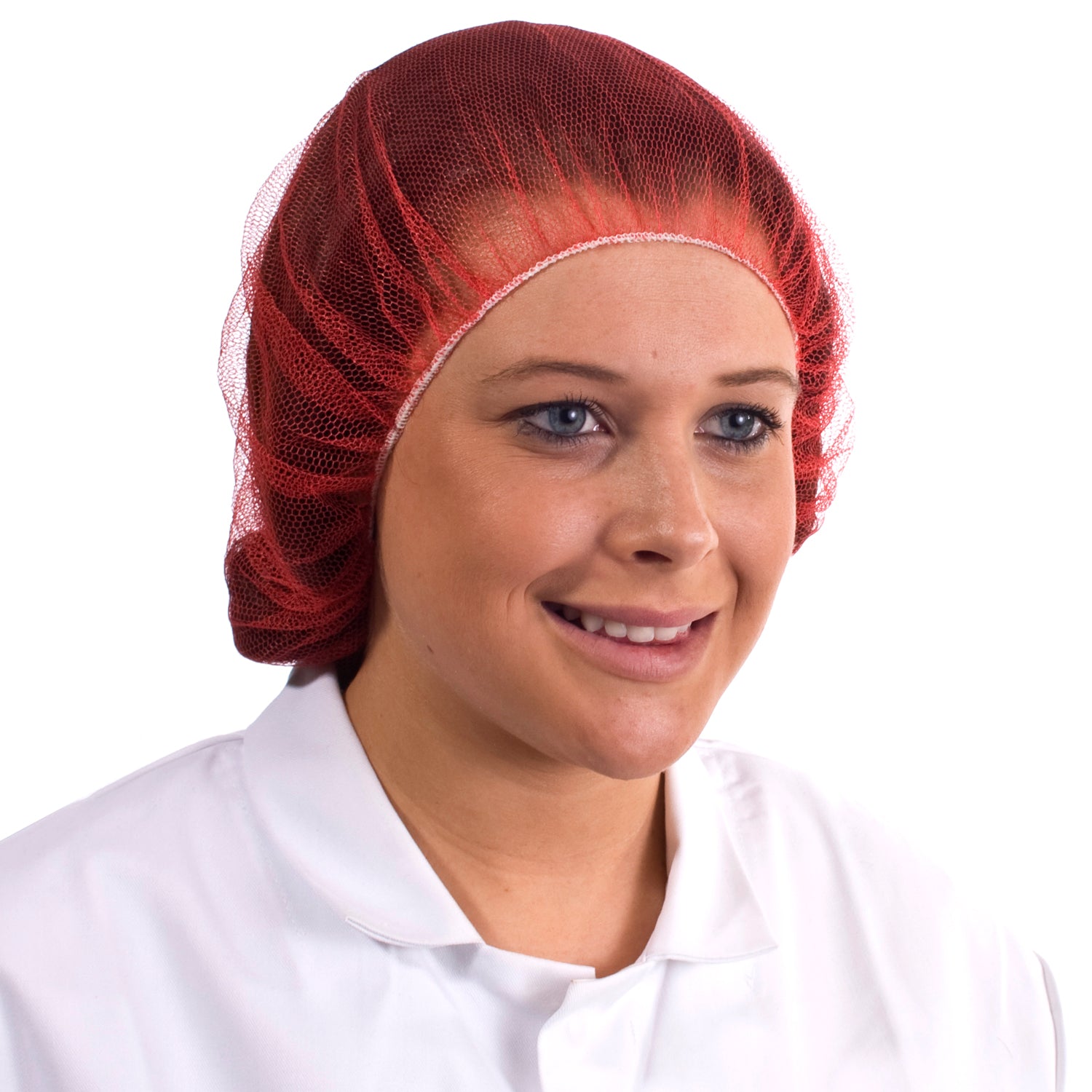 Red mesh hairnet, comfortable and secure, designed for effective hair containment in food industry.