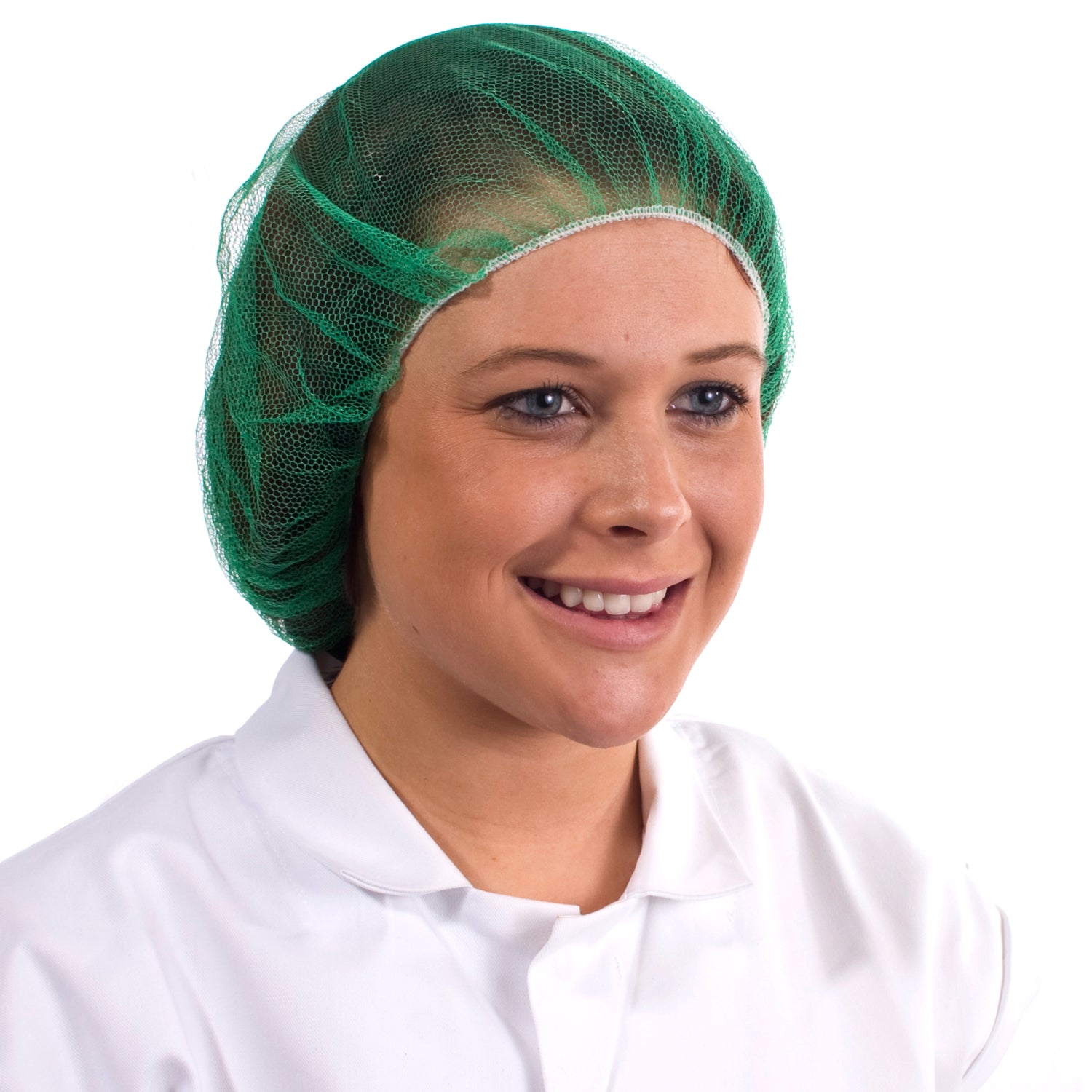 Green mesh hairnet, colour-coded for hygiene, suitable for food handling and catering environments.