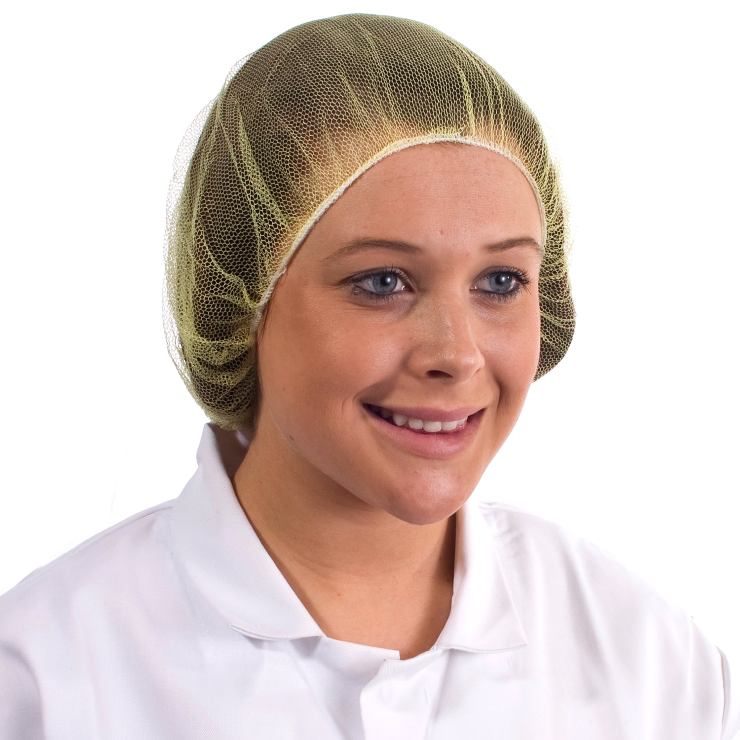Yellow mesh hairnet, lightweight and elasticated, perfect for maintaining hygiene in food handling.