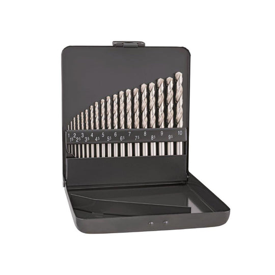 19-piece Cobalt HSS drill bit set (1-10mm) in a sturdy grey case.