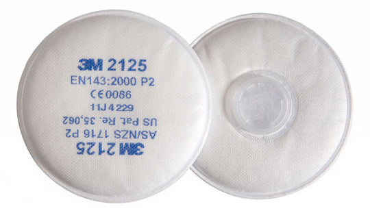 Pair of white 3M 2125 P2 Particulate Filters for use with reusable respirator masks.