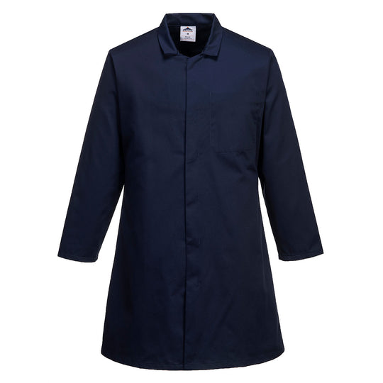 Portwest Men's Food Coat 2202 with one pocket in navy. Front view.