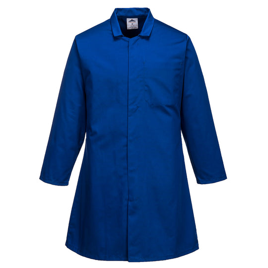 Portwest Men's Food Coat 2202 with one pocket in royal blue. Front view.