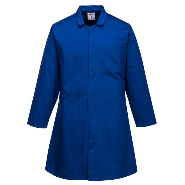 Portwest Men's Food Coat 2202 with one pocket in royal blue. Front view.