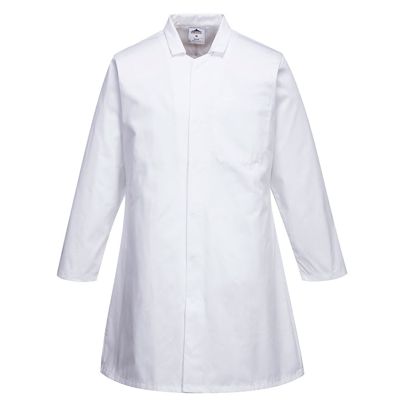Portwest Men's Food Coat 2202 with one pocket in white. Front view.