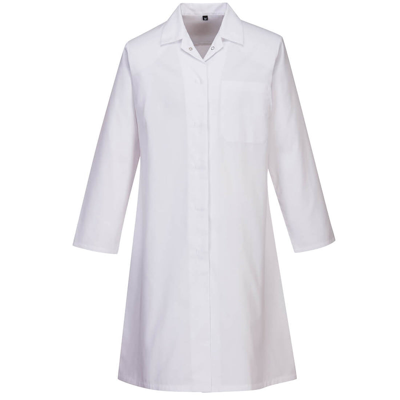 Portwest Women's Food Coat 2205 with one pocket in white. Front view.