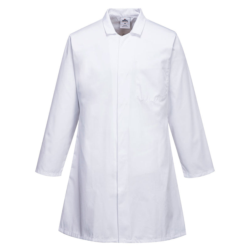 Portwest Men's Food Coat 2206 with three pockets in white. Front view.