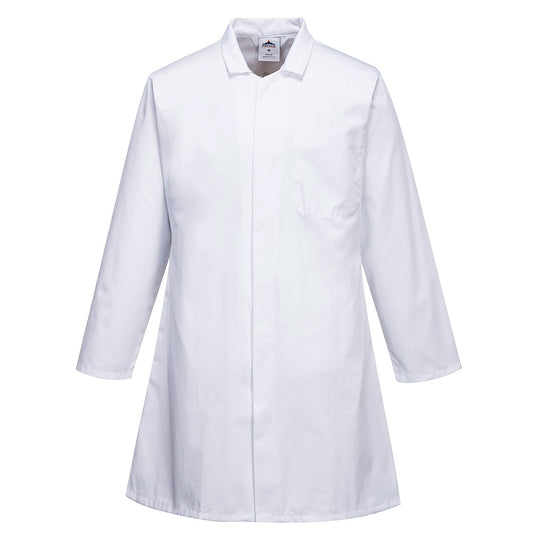 Portwest Men's Food Coat 2206 with three pockets in white. Front view.