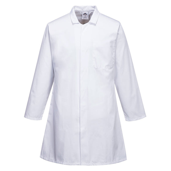 Portwest Men's Food Coat 2206 with three pockets in white. Front view.