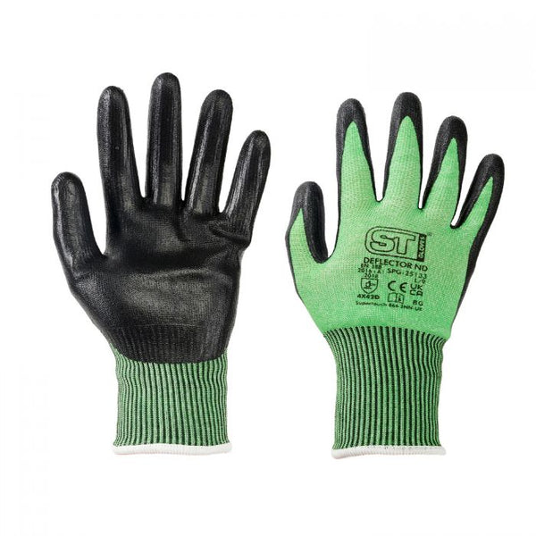 Supertouch Deflector green nitrile disposable gloves in box.