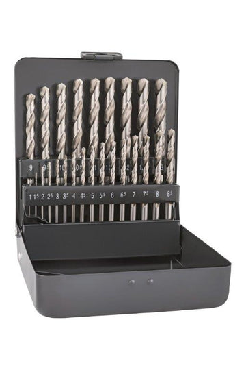 25-piece Cobalt HSS drill bit set (1-13mm) in a protective, organized case.