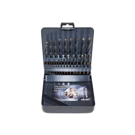 25-piece HSS drill bit set (1-13mm) in a durable metal case.