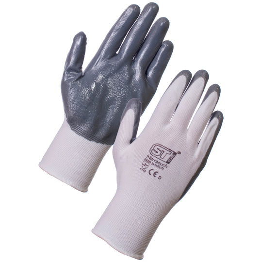 Supertouch Nitrotouch® Gloves in Grey and wthie, nitrile coated for excellent grip and durability, ideal for warehousing and construction.