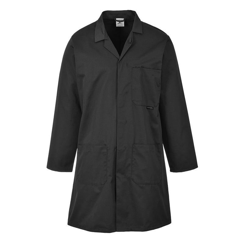 Portwest Lab Coat 2852 in black with concealed stud front. Front view.
