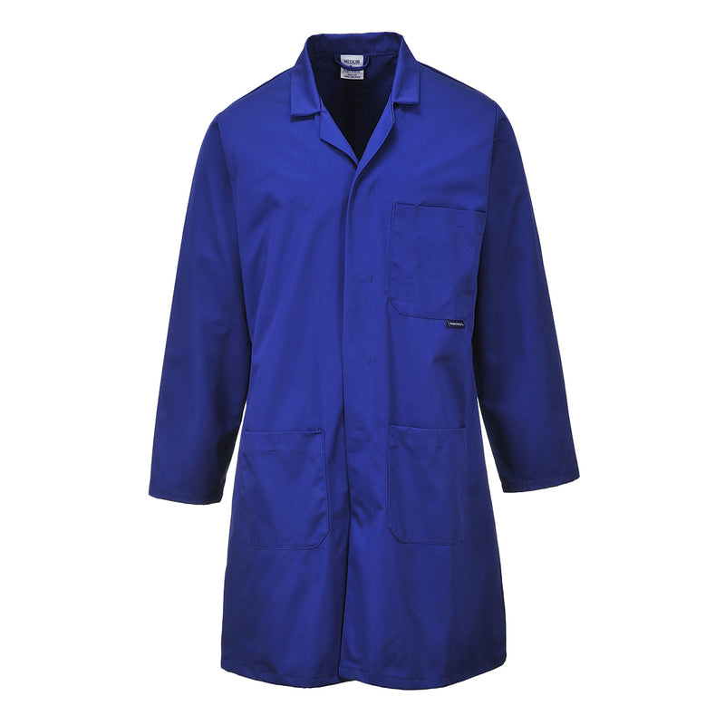 Portwest Lab Coat 2852 in royal blue with concealed stud front. Front view.