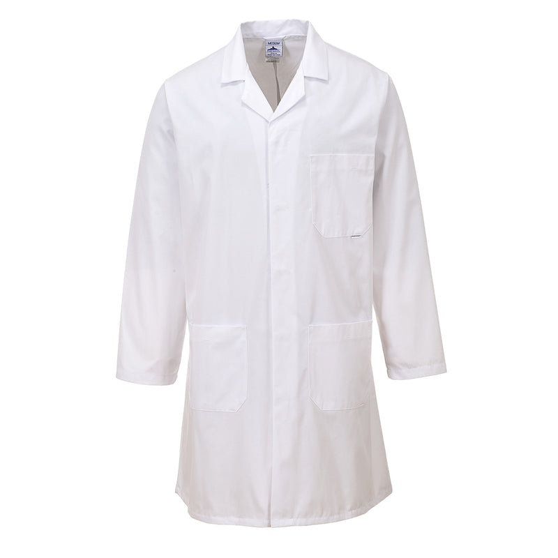 Portwest Lab Coat 2852 in white with concealed stud front. Front view.