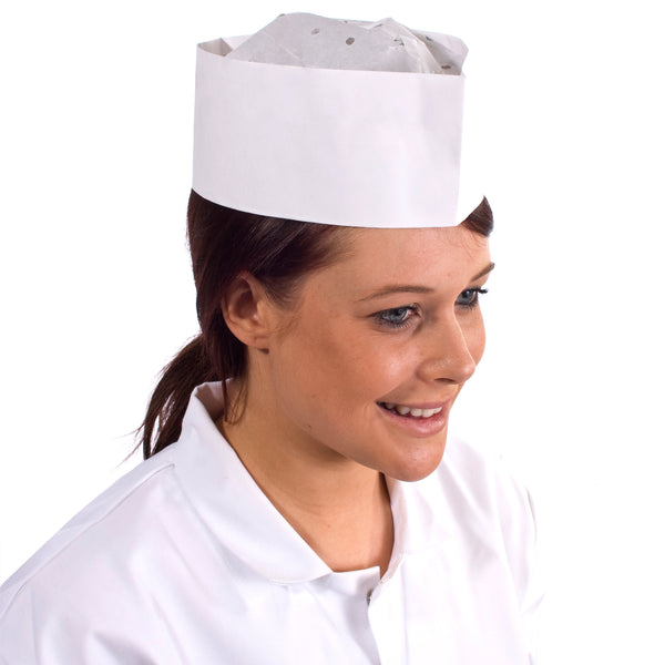 White paper forage hat, adjustable and lightweight, designed for hygiene compliance in food and retail environments.