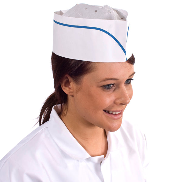 White and Blue paper forage hat, disposable and adjustable, suitable for hygienic food handling and catering use.