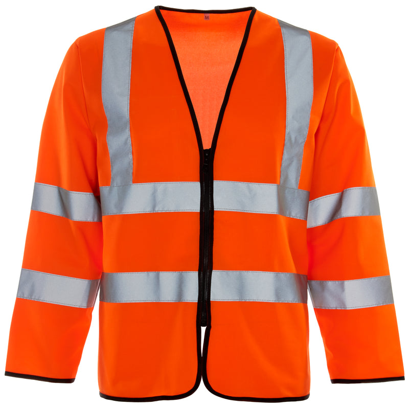 Supertouch hi-vis orange long-sleeved work vest with a zip closure.