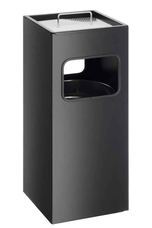 Durable Square Metal Waste Bin with Intagrated Sand Ashtray | 17L | Black