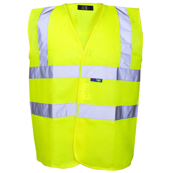 Supertouch hi-vis yellow work vest with a velcro front closure.