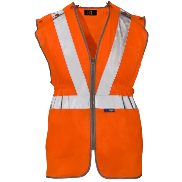 A Supertouch Orange Hi Vis Polyester Long Tracker Vest, designed for high visibility and safety compliance.