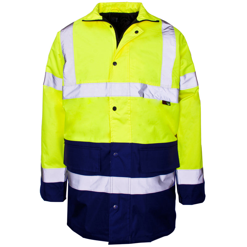 A waterproof and durable Supertouch Yellow and navy blue Hi Vis 2 Tone Parka for all-weather protection.