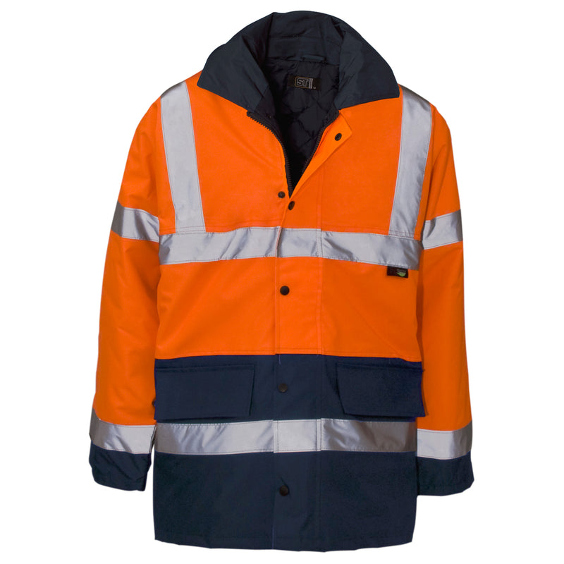 A waterproof and durable Supertouch Orange Hi Vis 2 Tone Parka for all-weather protection.