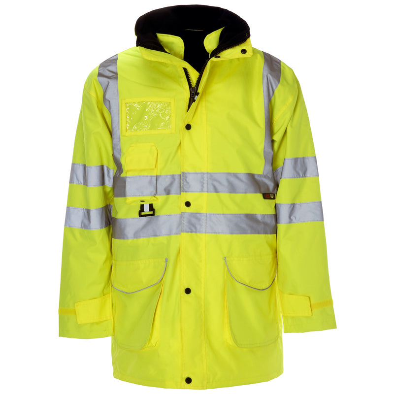 A waterproof and durable Supertouch Yellow Hi Vis 7 In 1 Parka for all-weather protection.