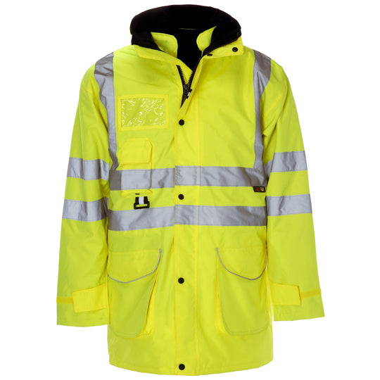 A waterproof and durable Supertouch Yellow Hi Vis 7 In 1 Parka for all-weather protection.