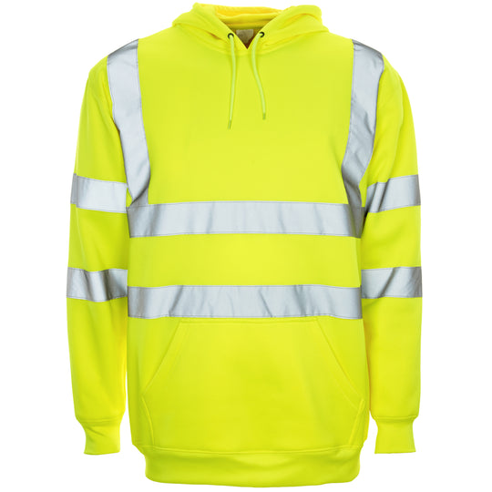 A comfortable and warm Supertouch Yellow Hi Vis Hooded Sweatshirt for worksite use.